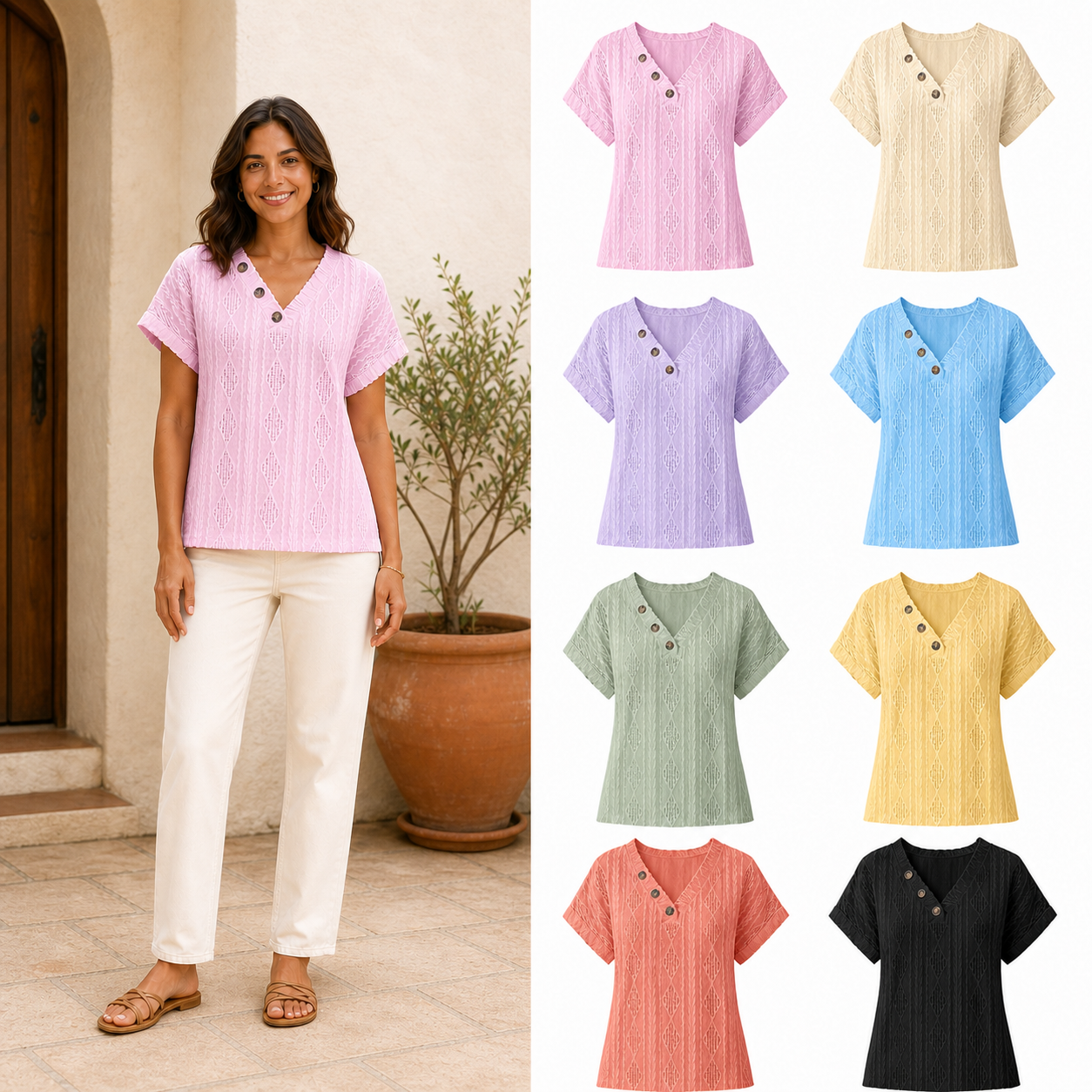 Eight-color pack of women's openwork three-button tops