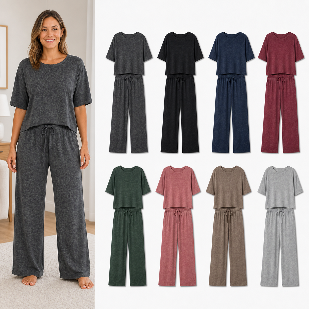 Eight-color women's top and wide-leg pants lounge set package