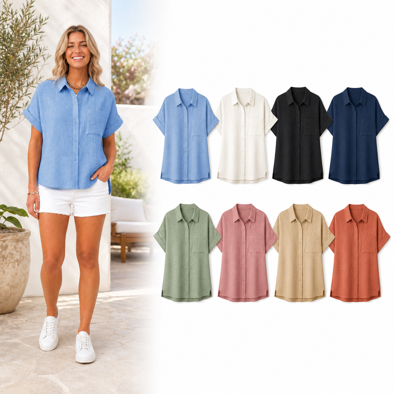 Eight-color women's textured short-sleeve button shirt set