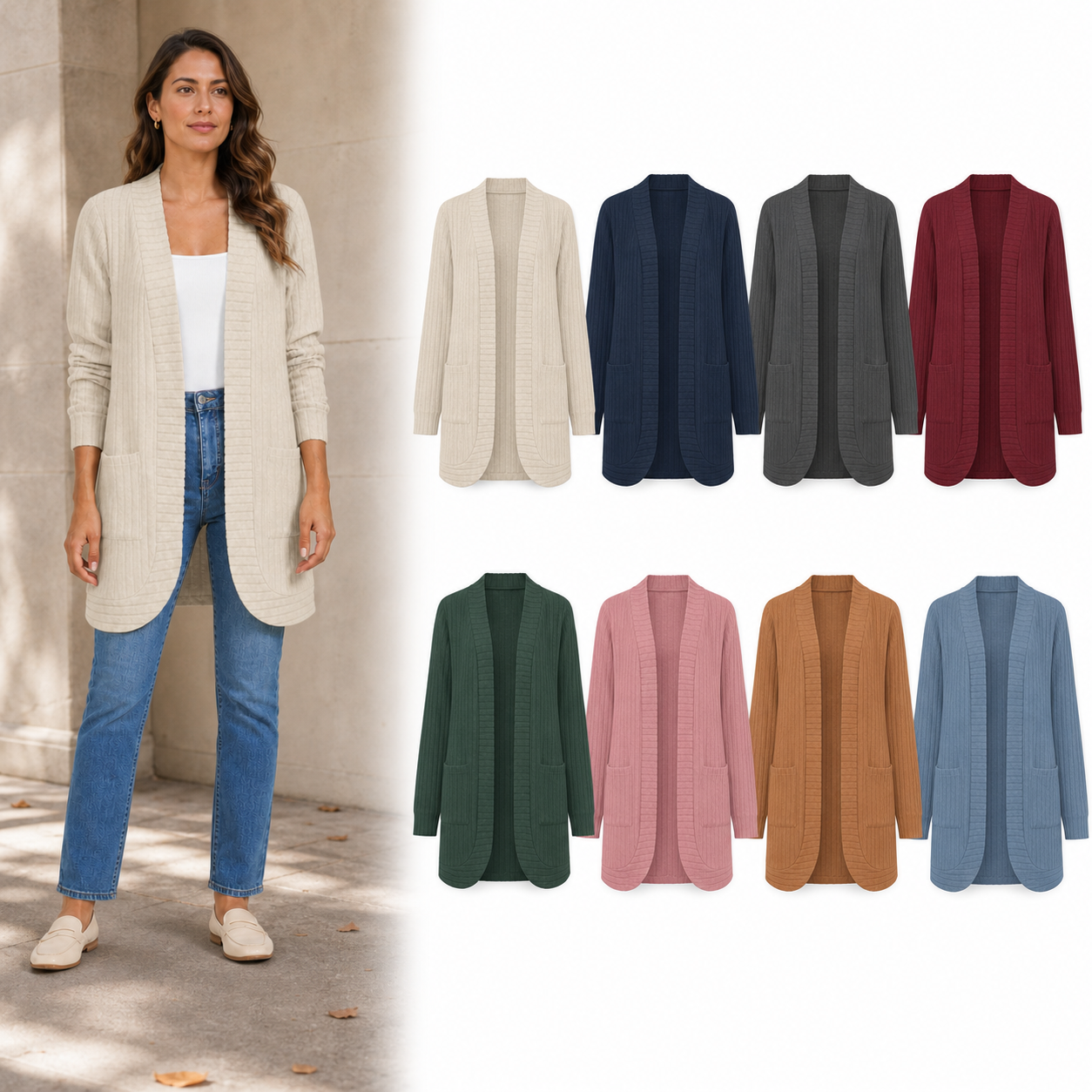 Eight-color women's ribbed open-front long cardigan set