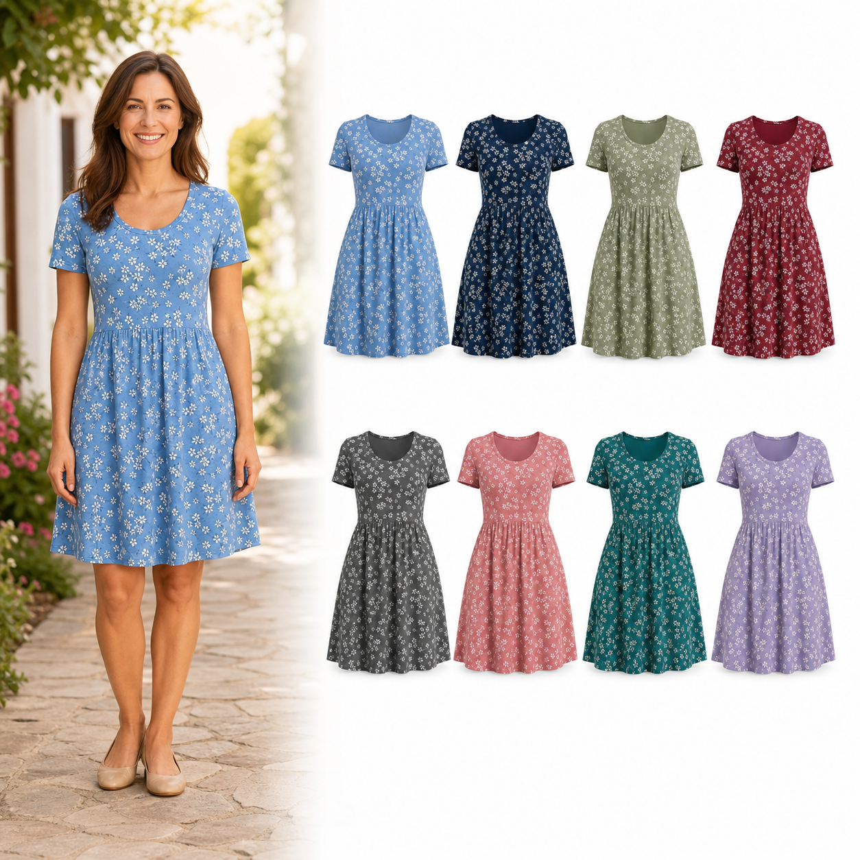 Eight color women's floral pocket dress set