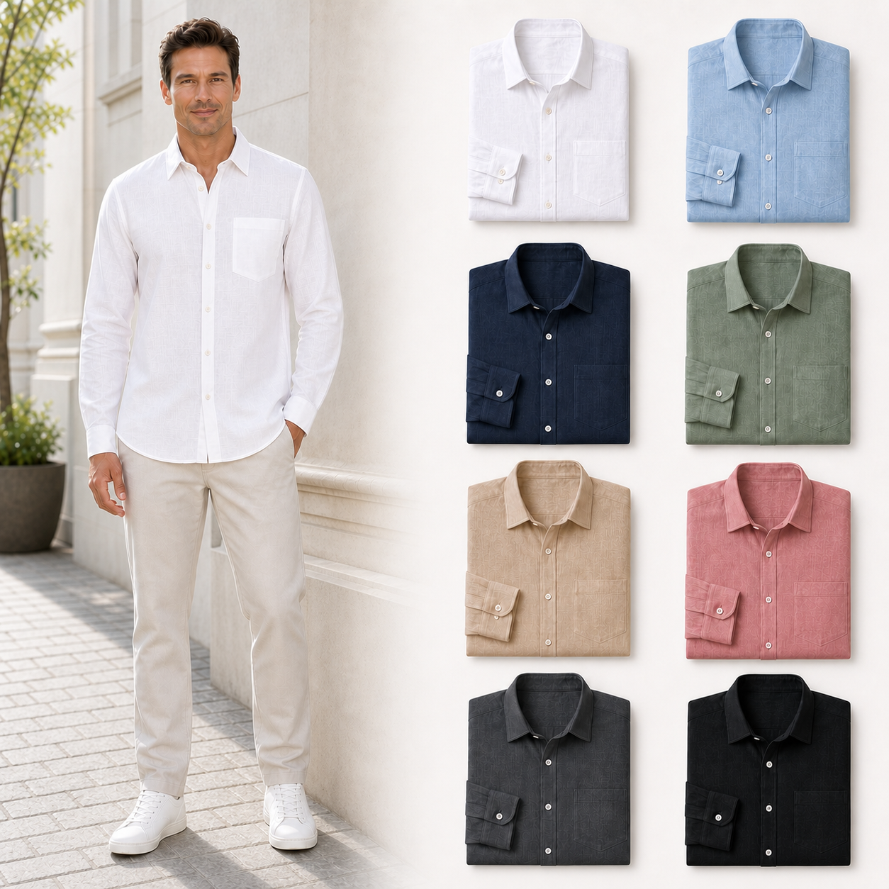 Eight color men's textured long-sleeve shirt set
