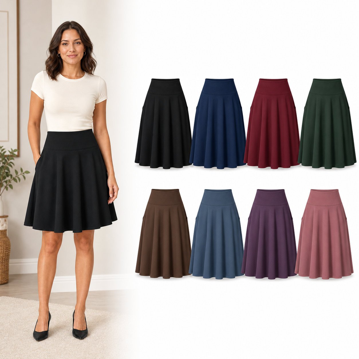 Eight-color women's high-waist pocket skater skirt set
