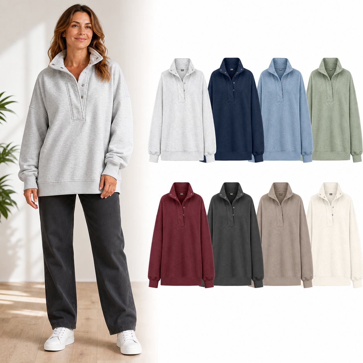Eight-color women's snap-collar pullover set