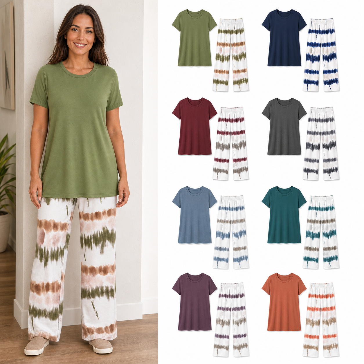 Eight color women's short sleeve top and tie dye pants lounge set package
