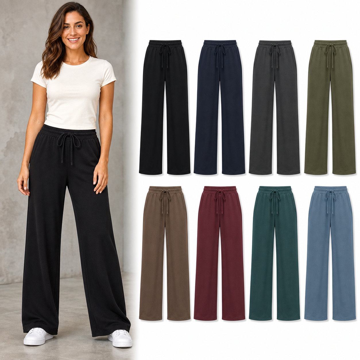 Eight color women's relaxed drawstring wide-leg pants set