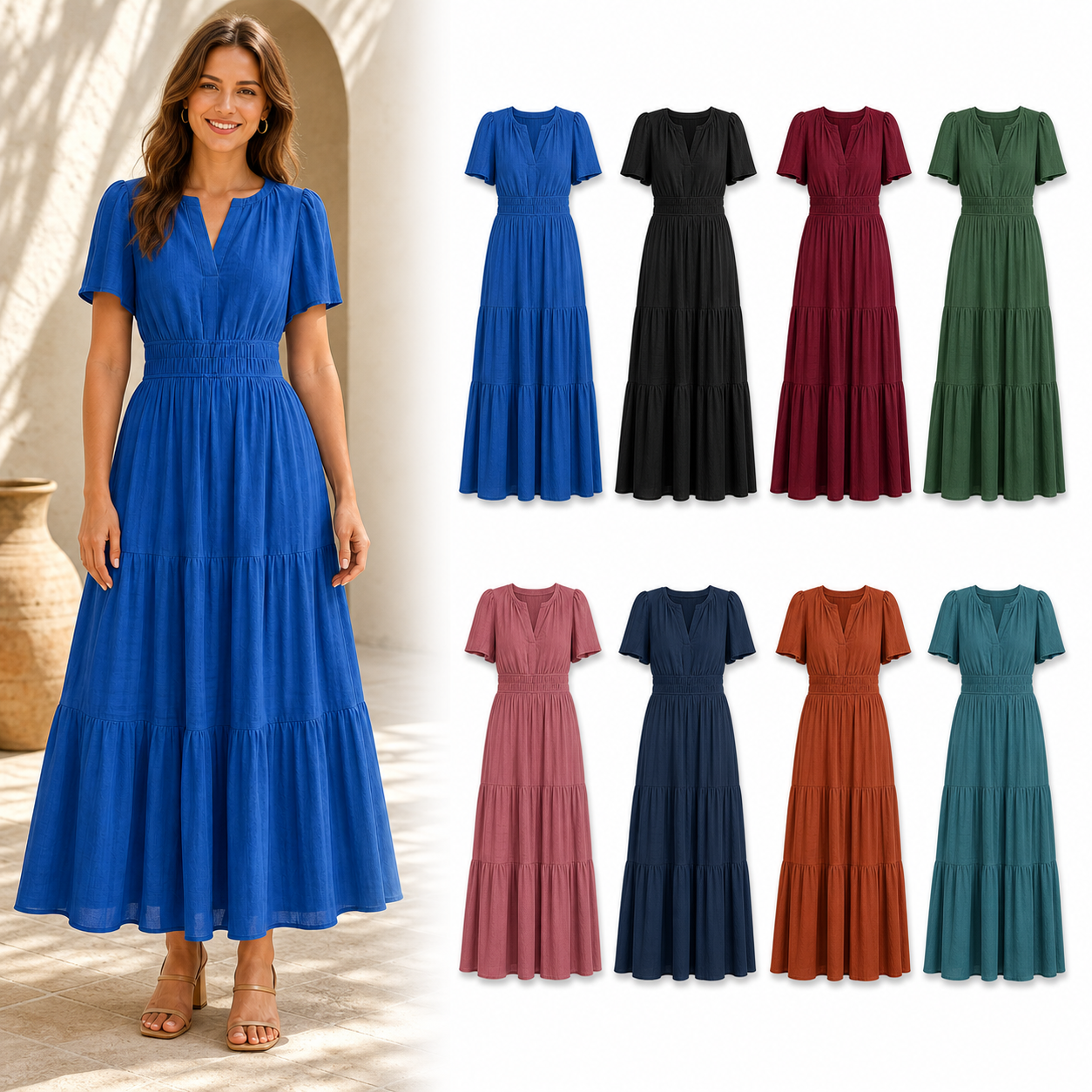Eight-color women's smocked-waist tiered maxi dress set