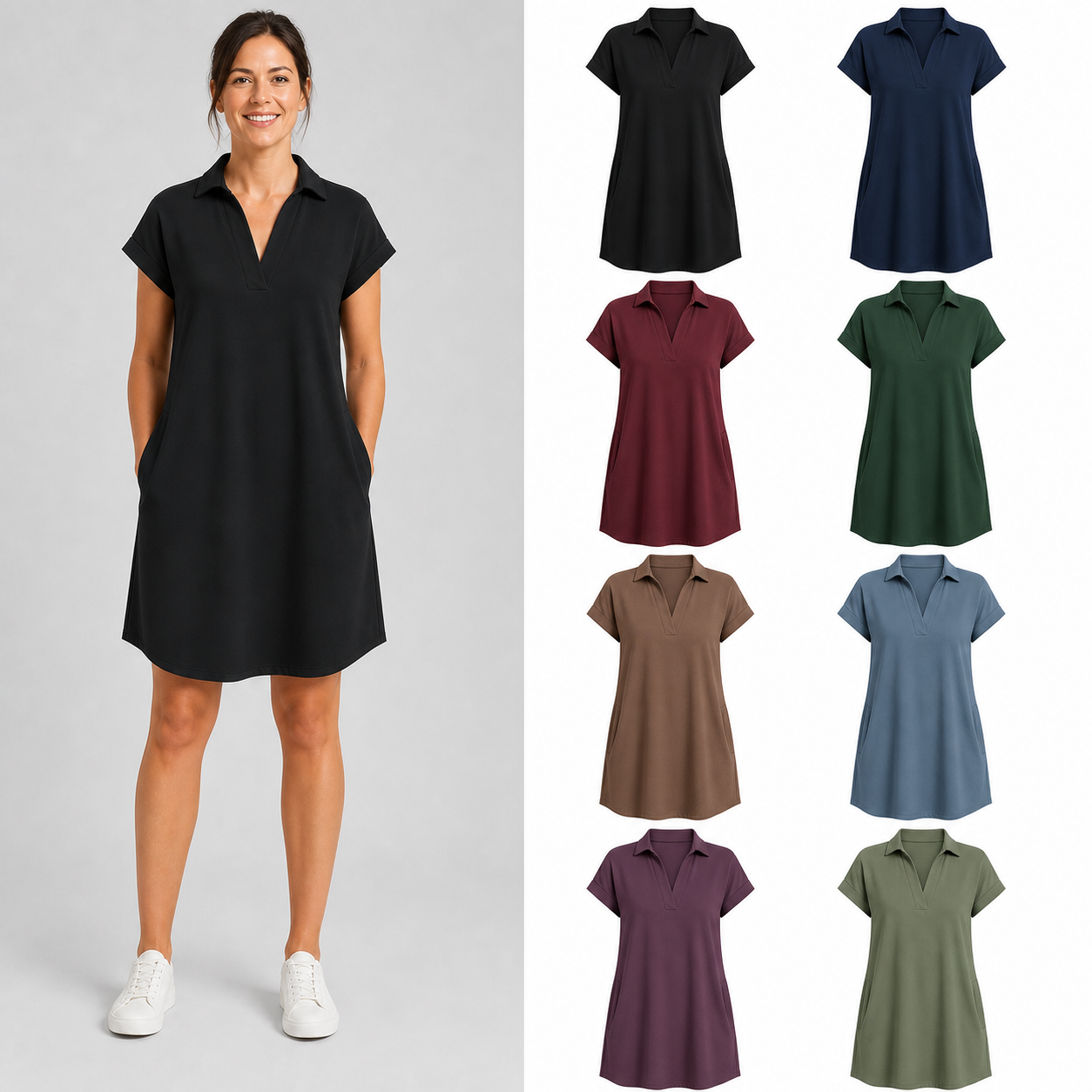Eight color women's relaxed collared pocket dress set
