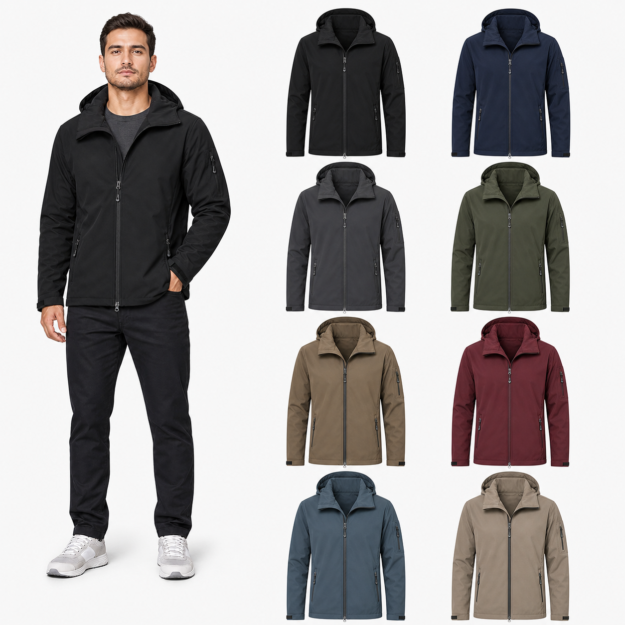 Eight color men's warm hooded softshell jacket set