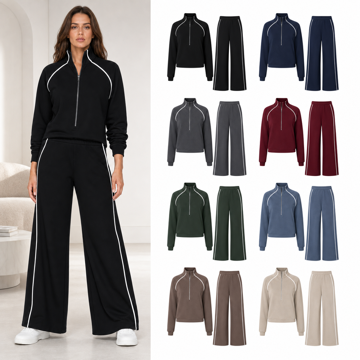 Eight-color women's piped quarter-zip wide-leg set
