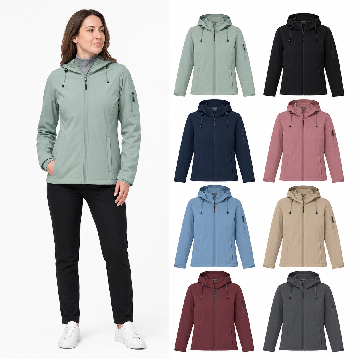 Eight color women's lightweight hooded rain jacket set