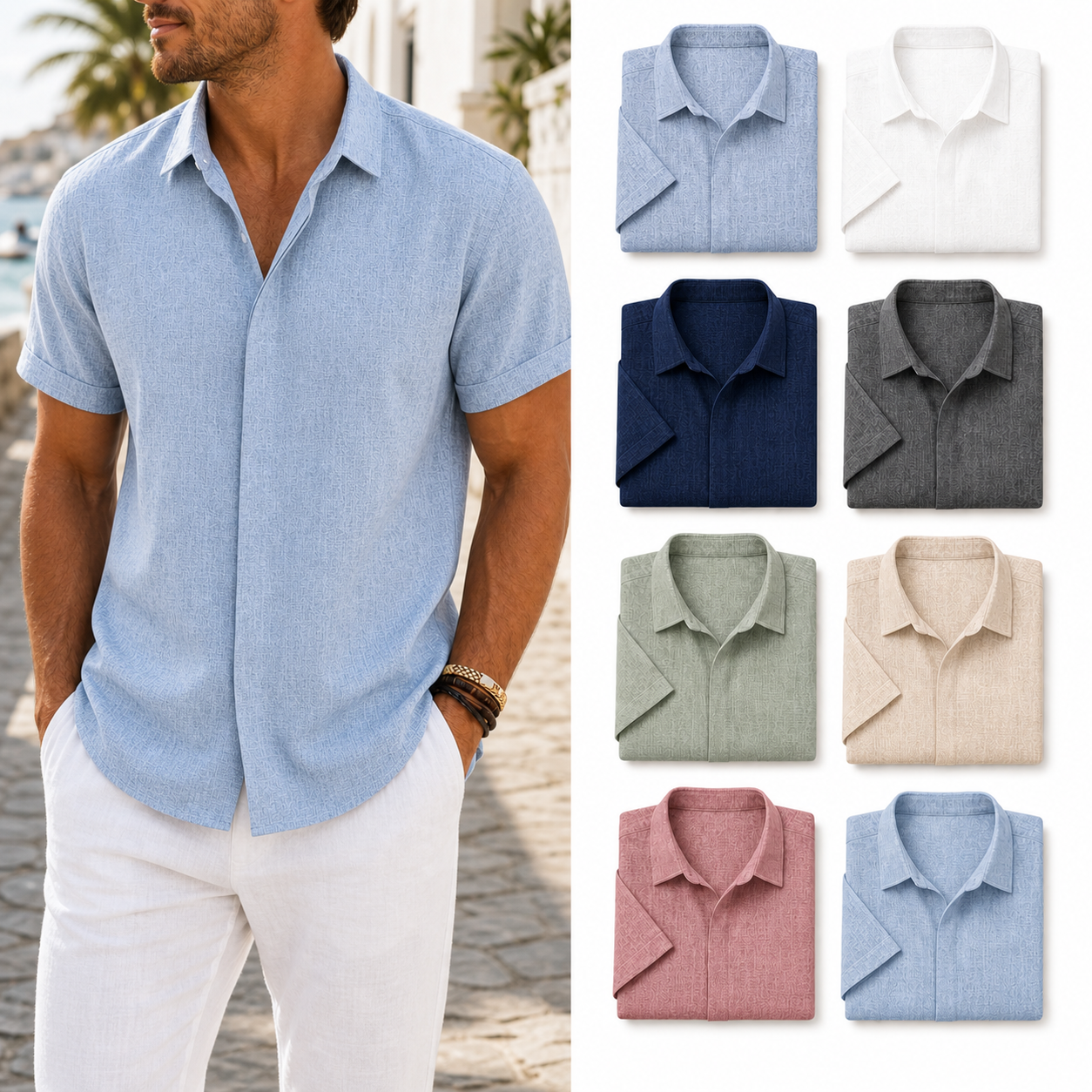 Eight color men's textured short-sleeve shirt set