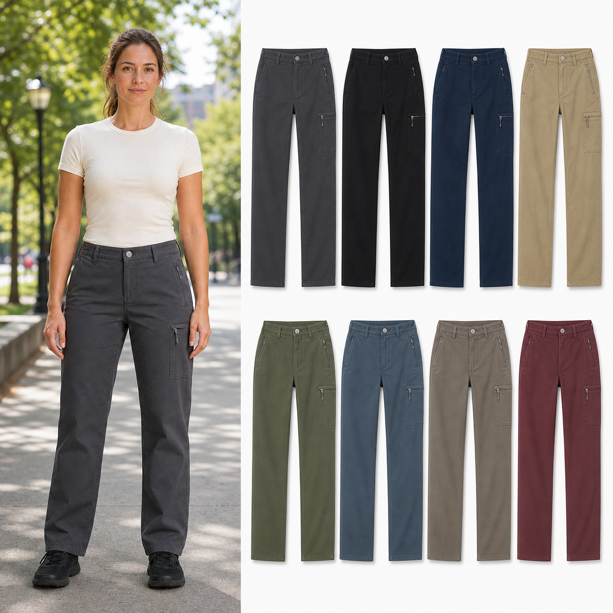 Eight-color women's zip-pocket cargo pants set