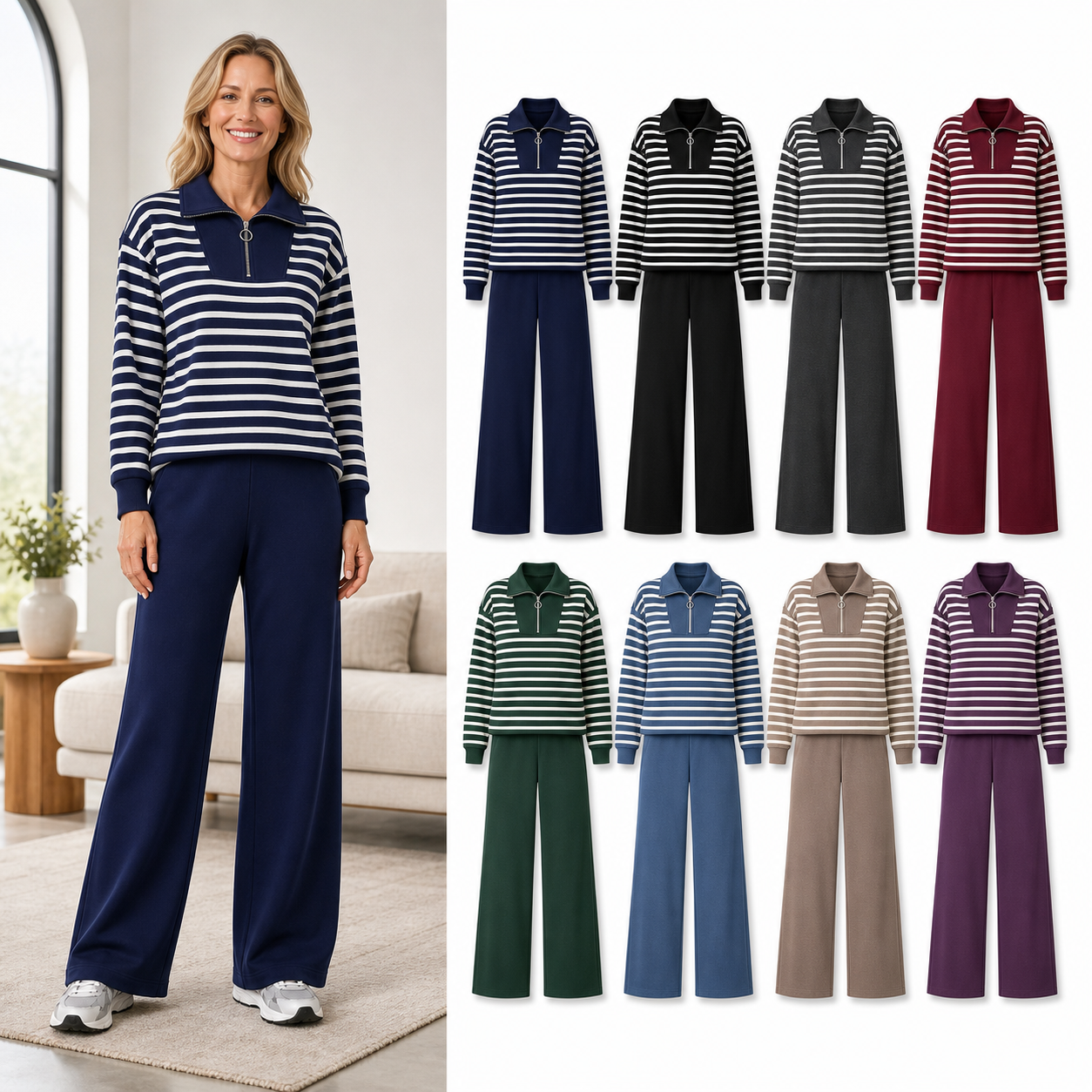 Eight-color women's striped quarter-zip wide-leg set