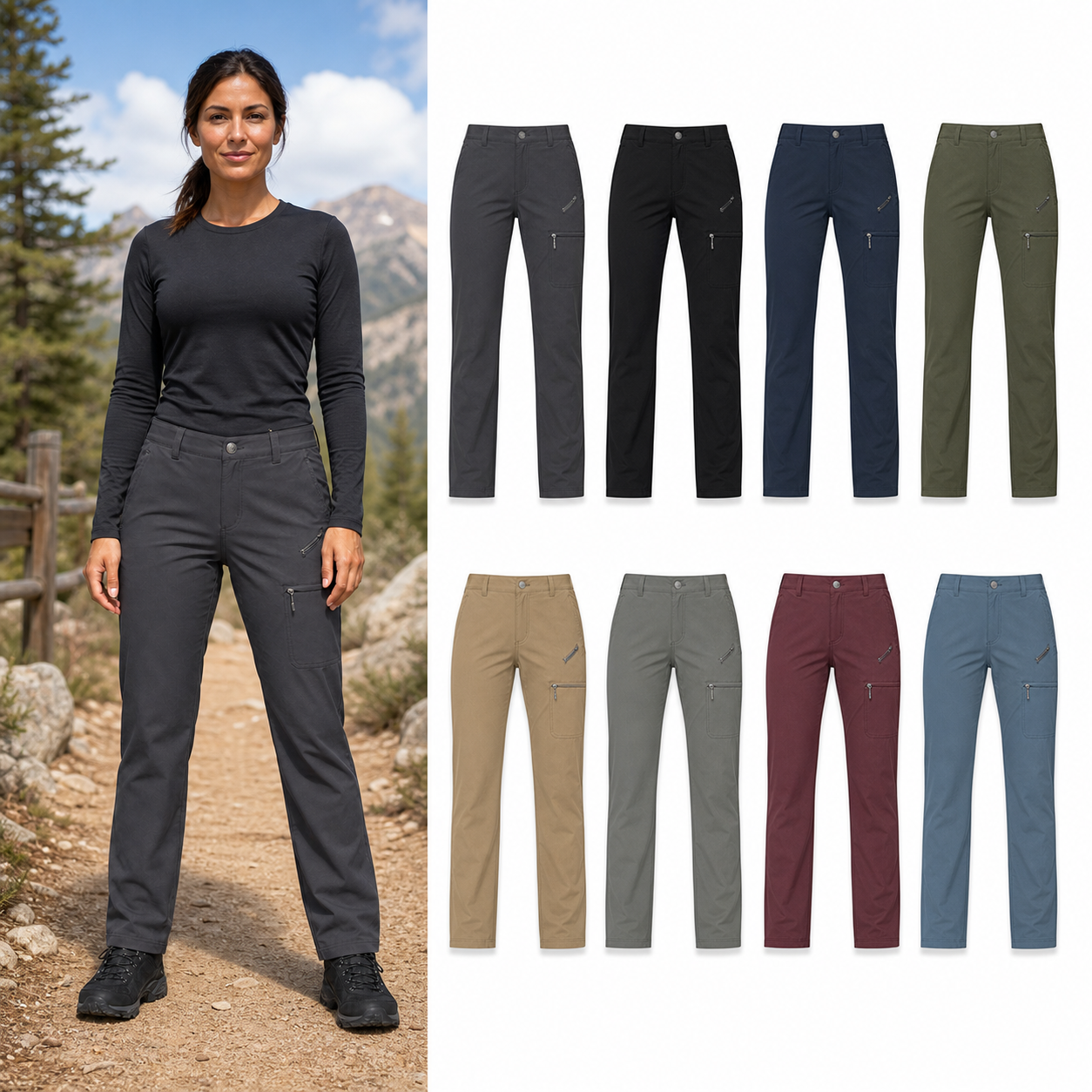 Eight-color women's straight-leg cargo hiking pants set