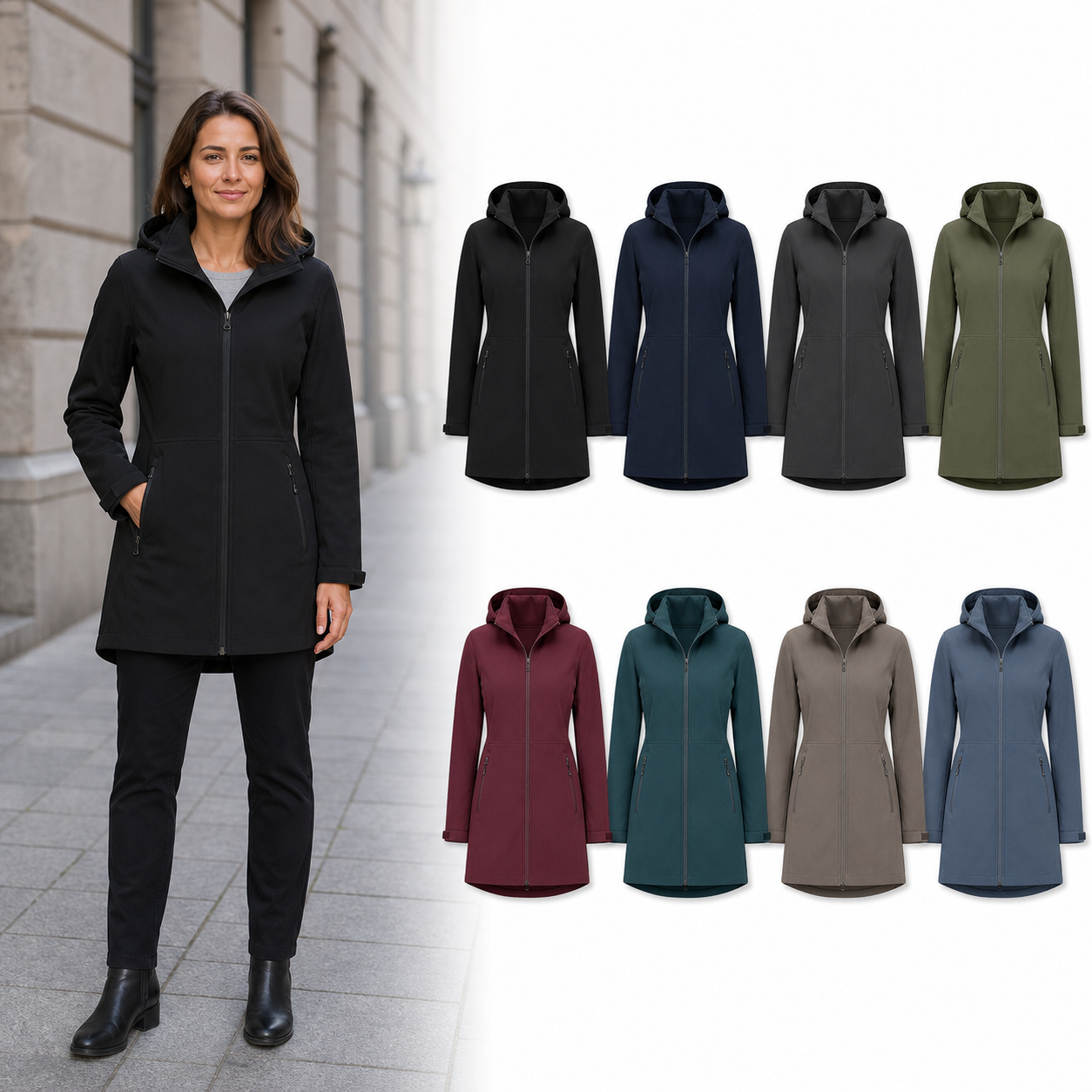 Eight-color women's hooded mid-length zip jacket set