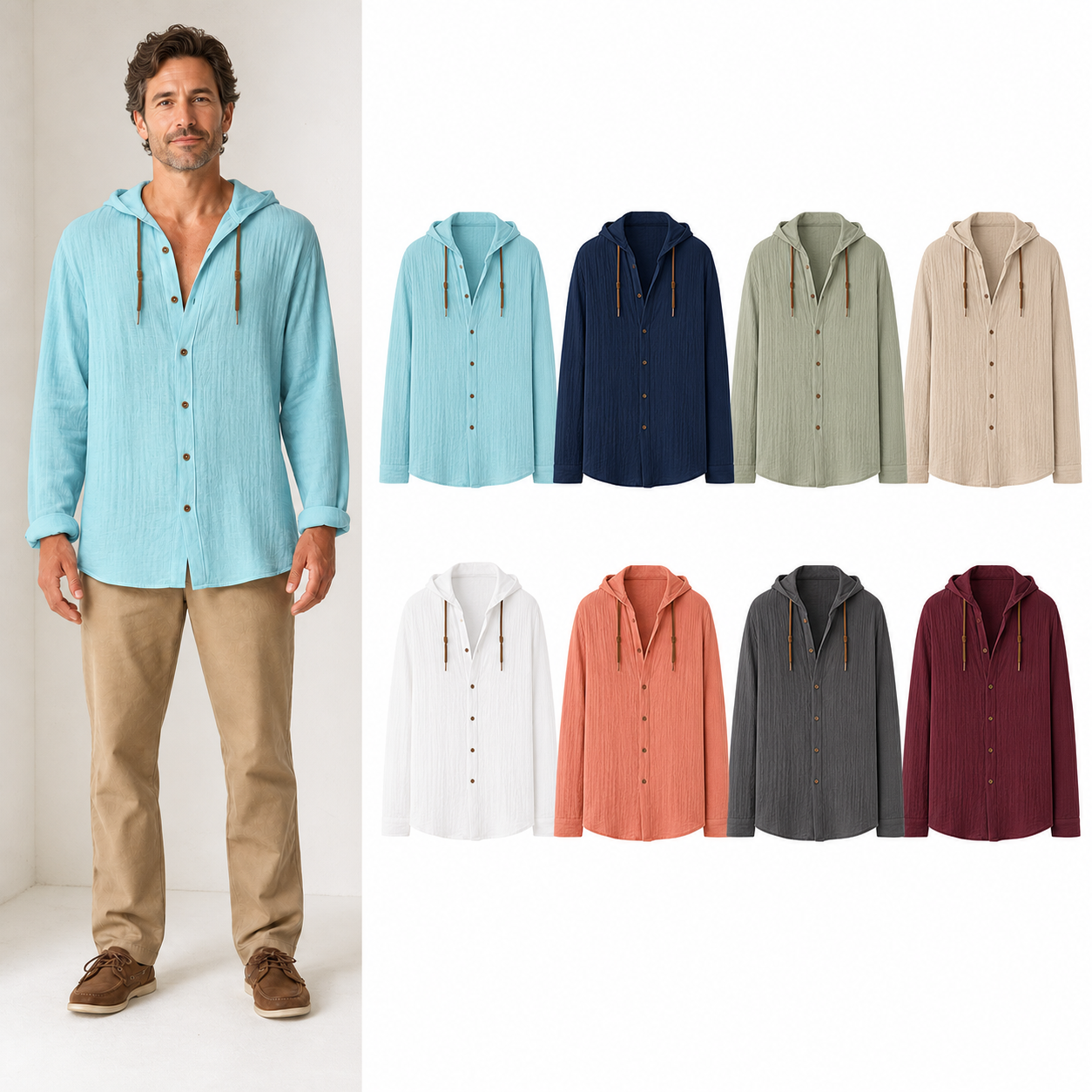 Eight color pack of men's hooded button shirts