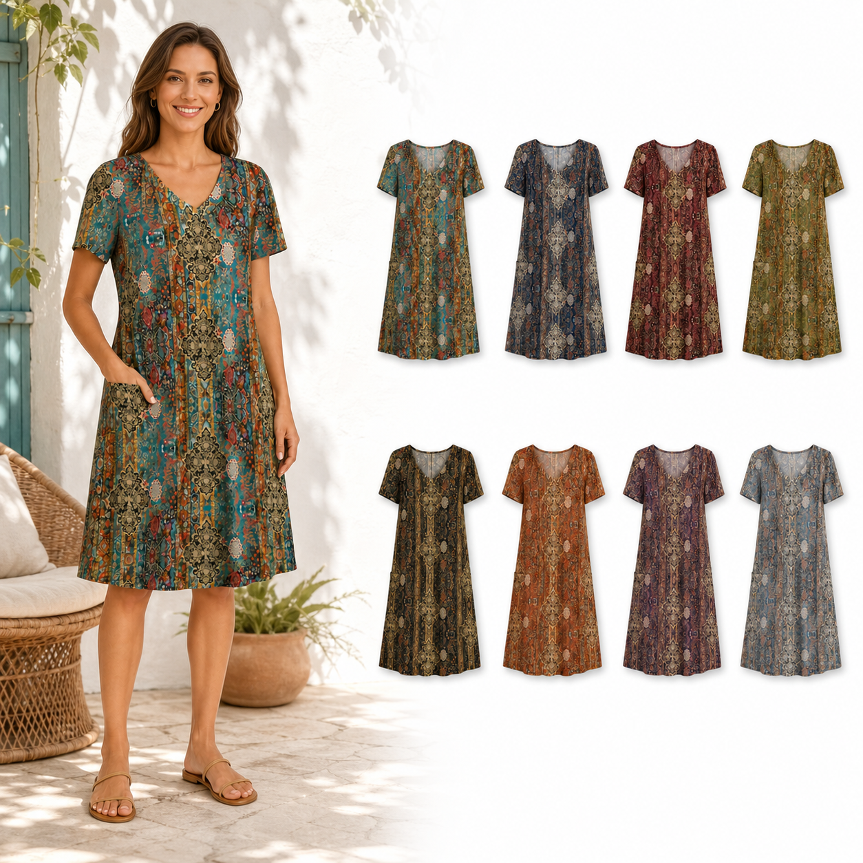 Eight color women's ornamental print dress set