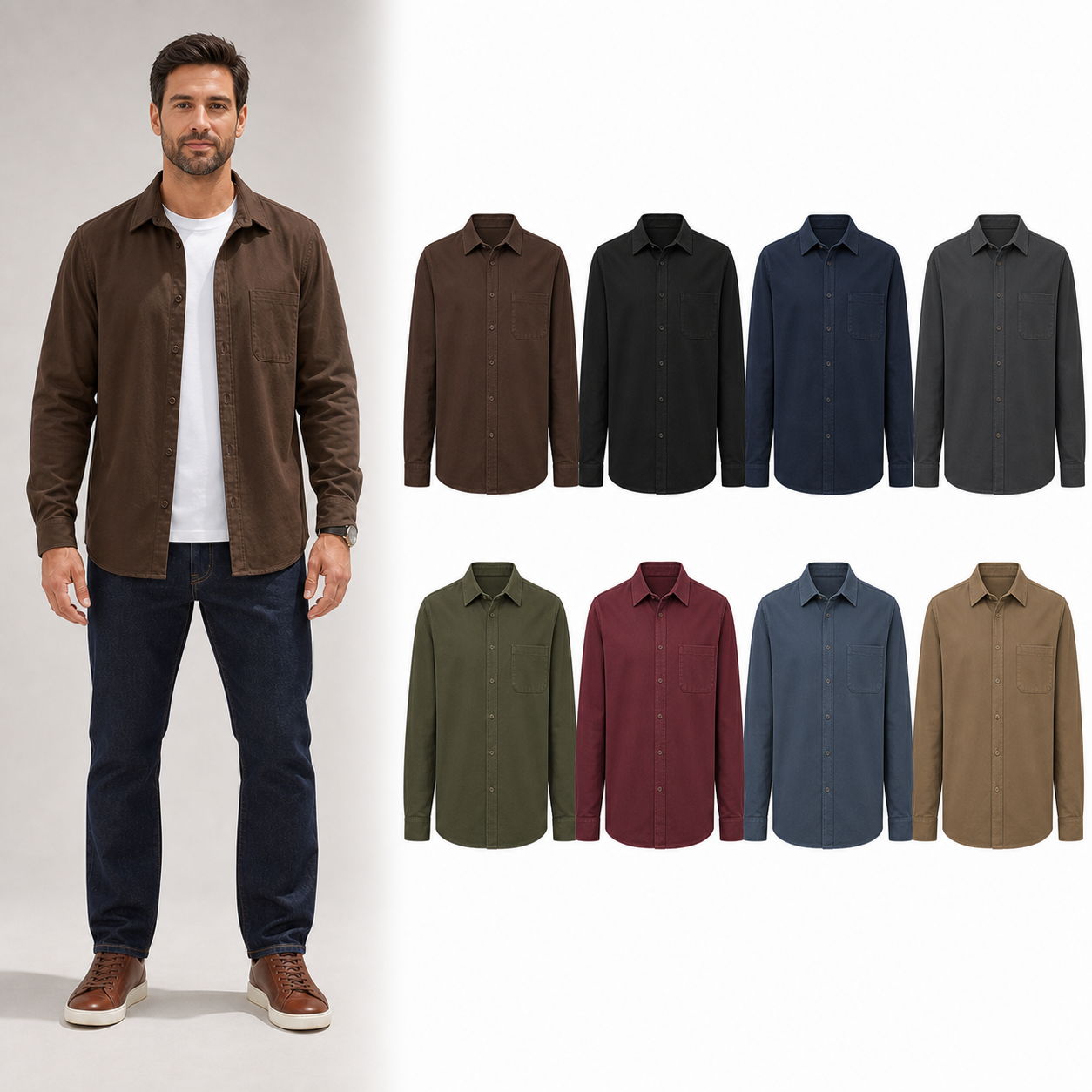 Eight-color men's single-pocket long-sleeve overshirt set