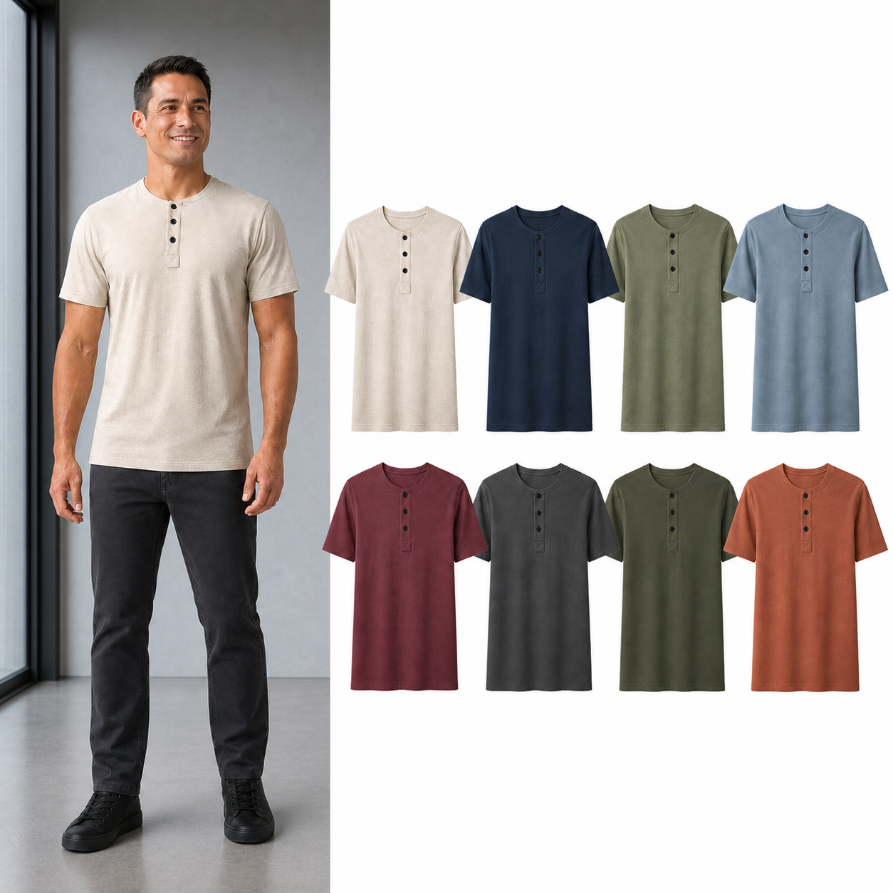 Men's textured Henley mixed eight pack