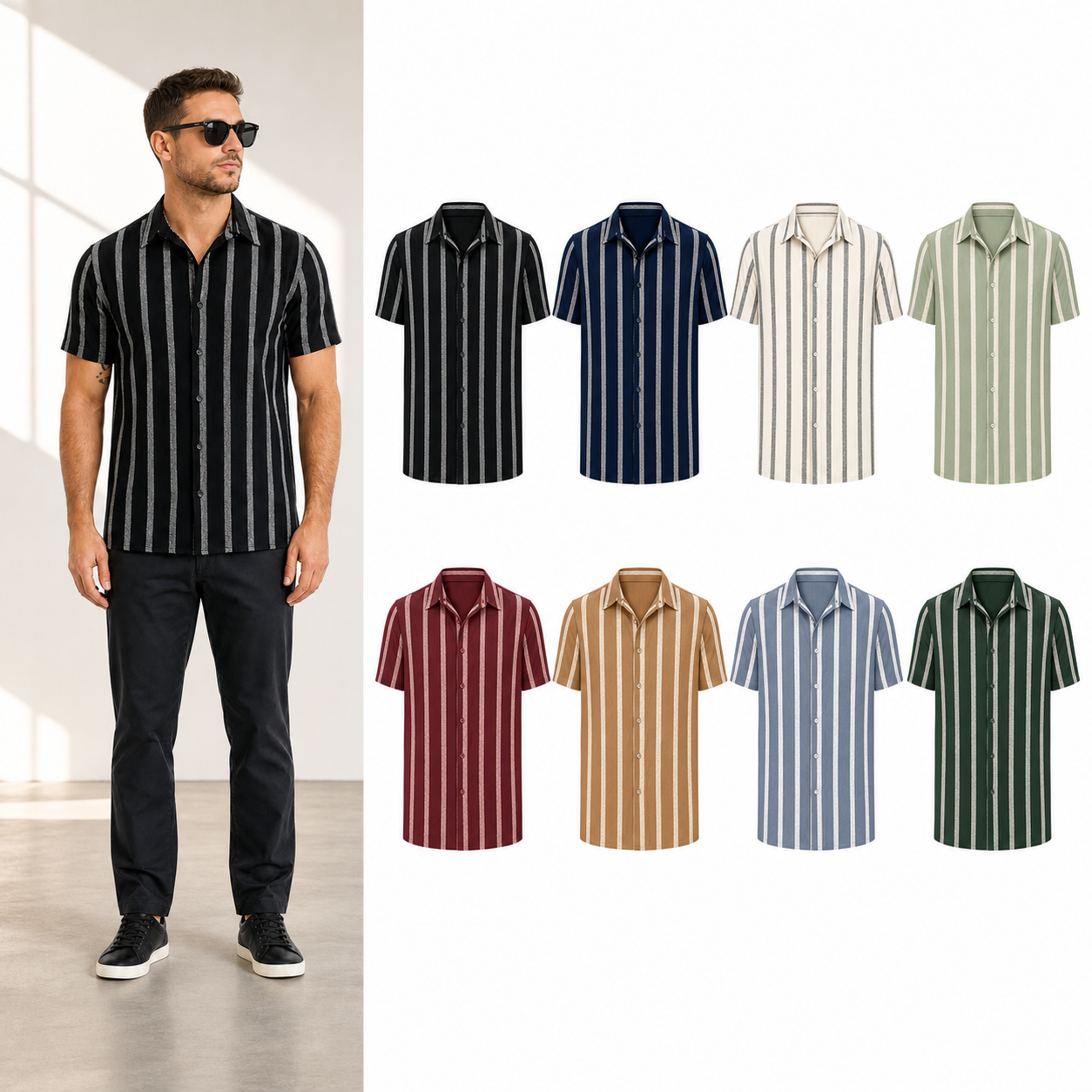 Eight-color men's vertical striped short-sleeve shirt set