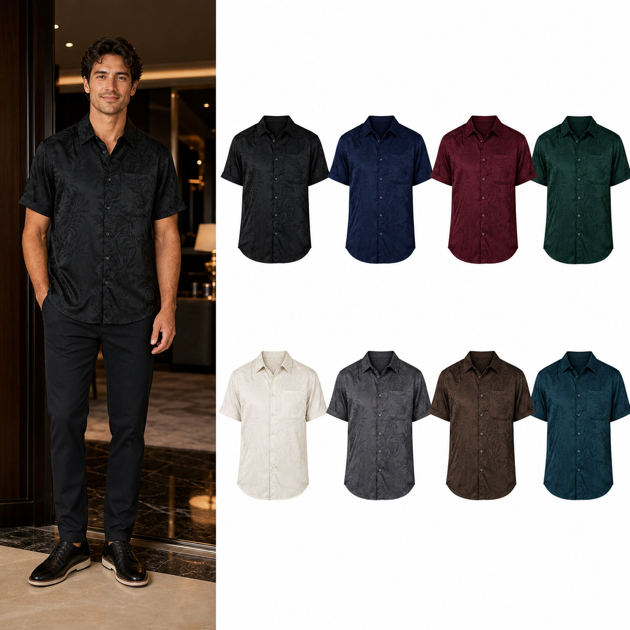 Eight-color men's tonal floral jacquard shirt set