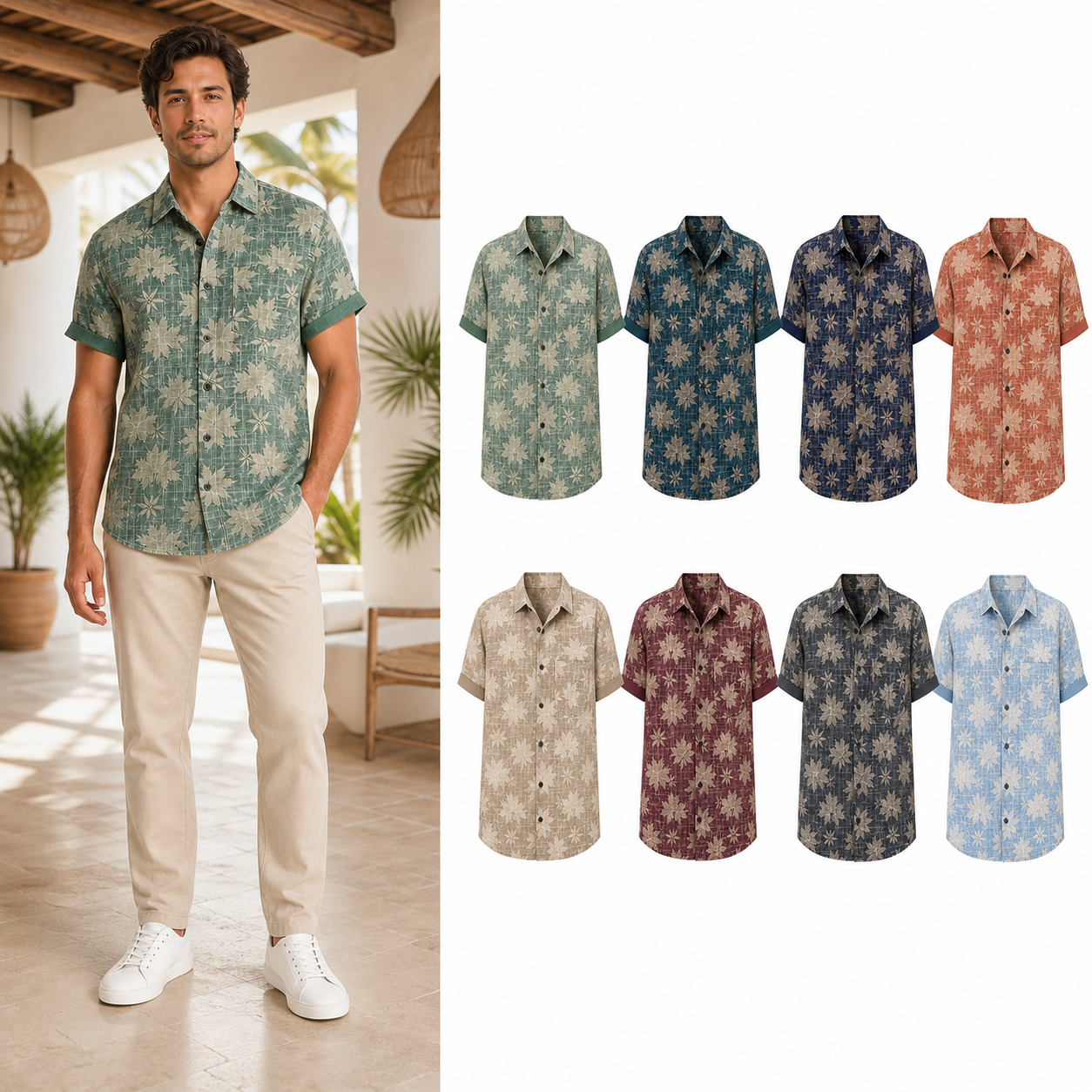 Eight-color men's botanical camp collar shirt set