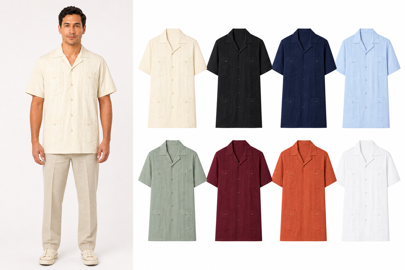 Eight-color men's four-pocket short-sleeve guayabera shirt set