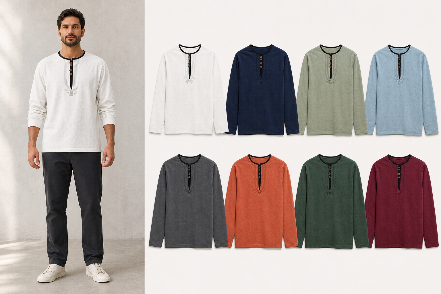 Men's contrast trim long sleeve Henley mixed eight pack