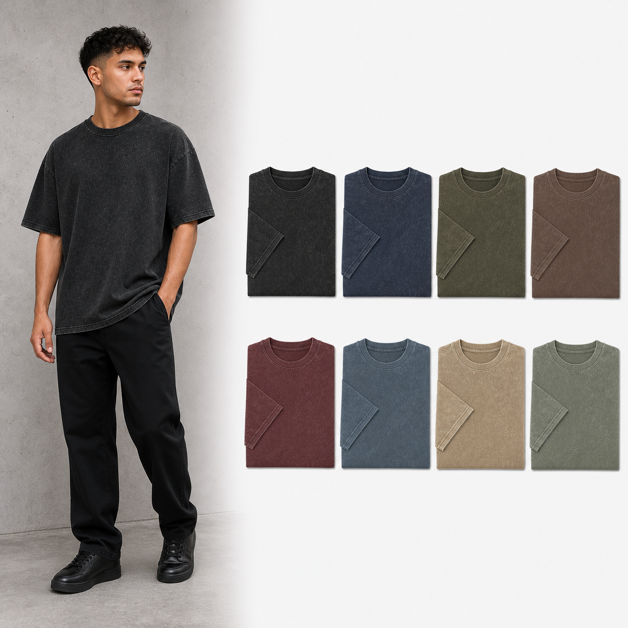 Eight-color men's washed oversized T-shirt set