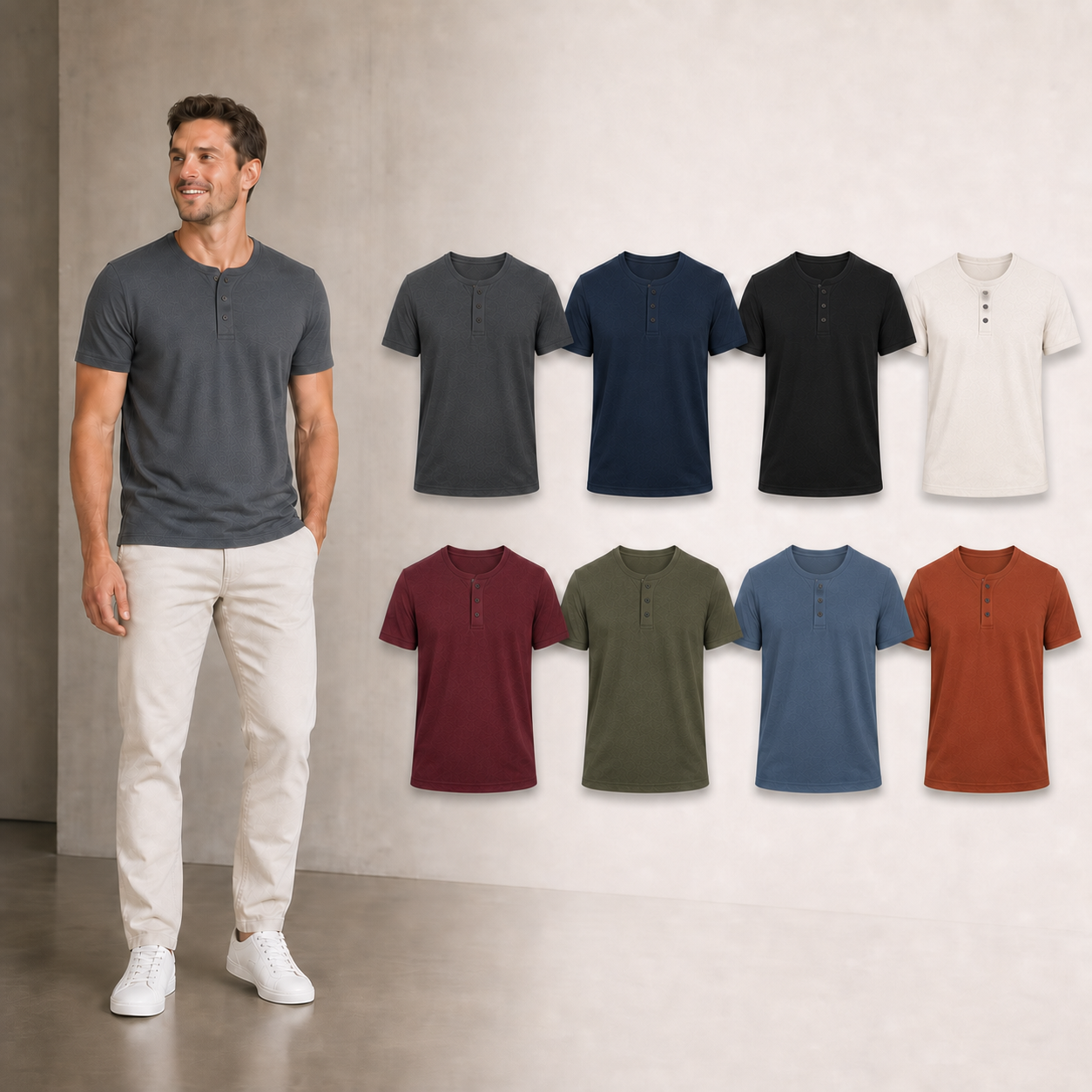 Men's fitted three-button Henley shirt mixed eight pack