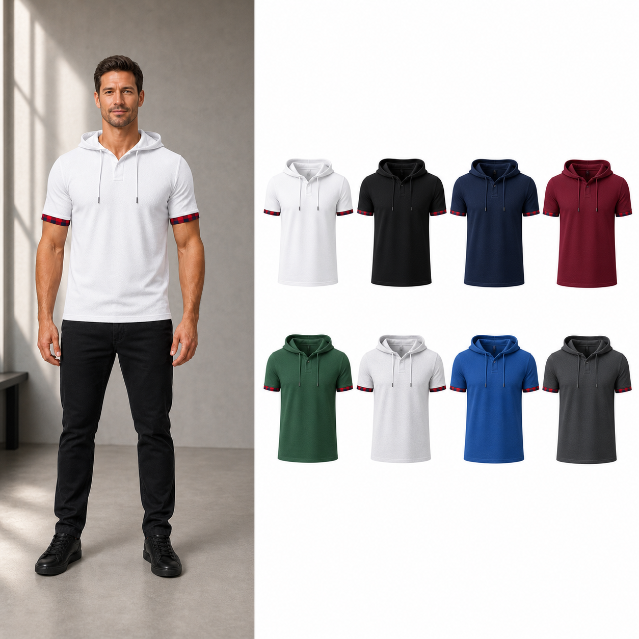 Eight color pack of men's plaid cuff hooded Henley shirts