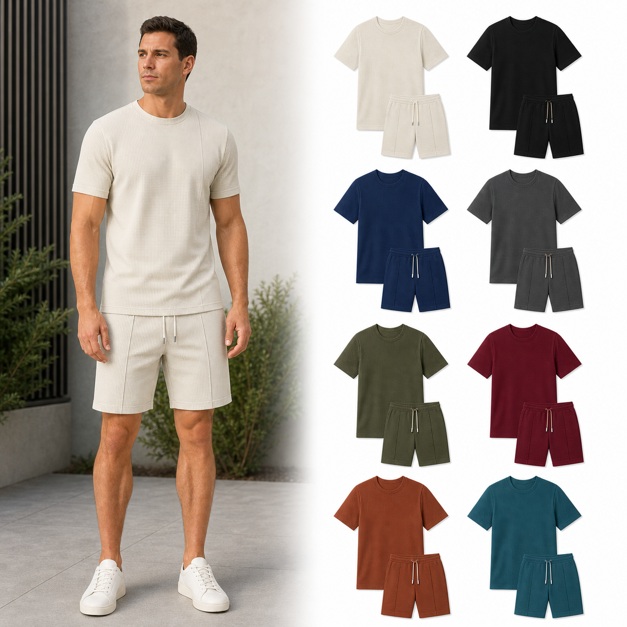 Eight color pack of men's waffle knit shirt and shorts sets