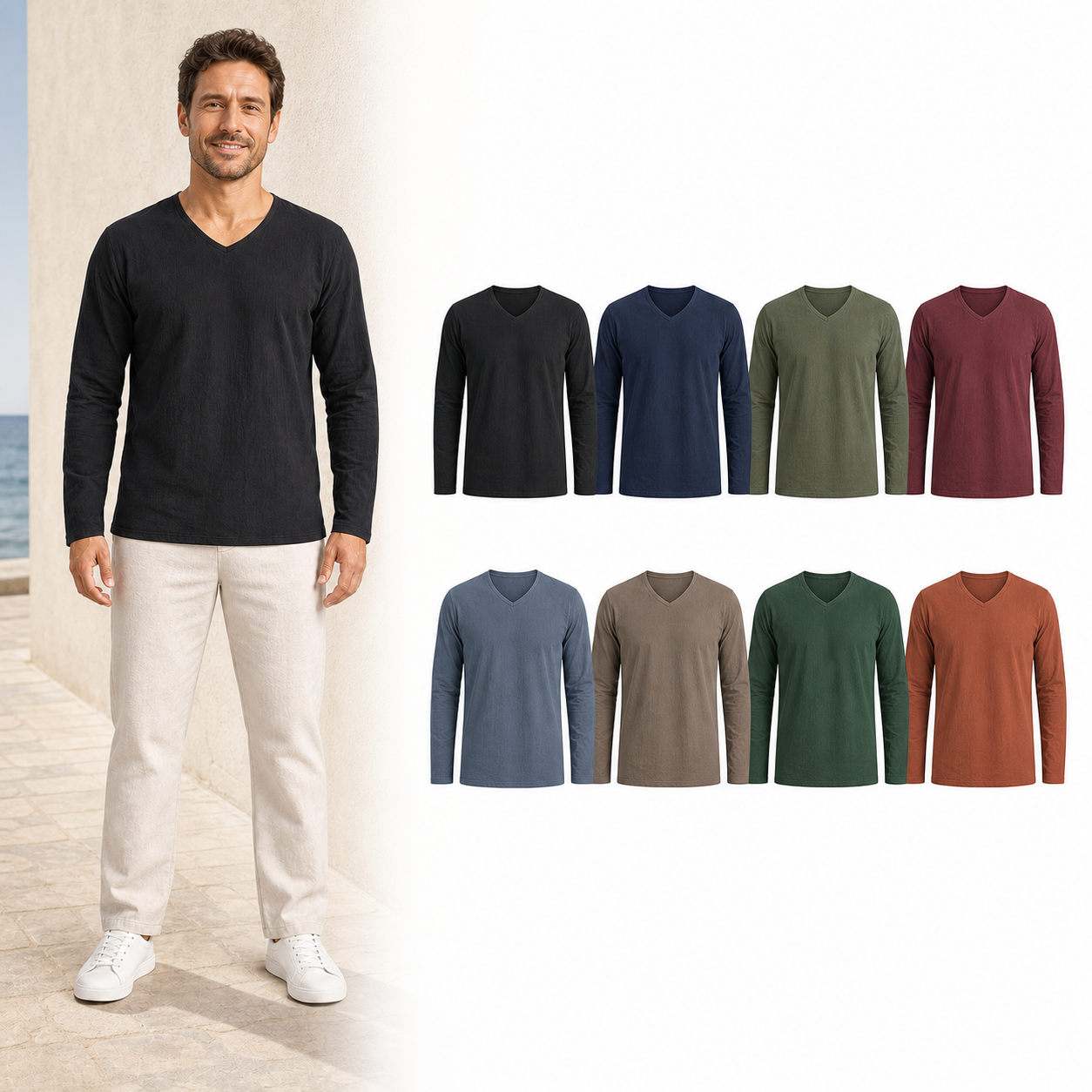 Men's long-sleeve V-neck mixed eight pack