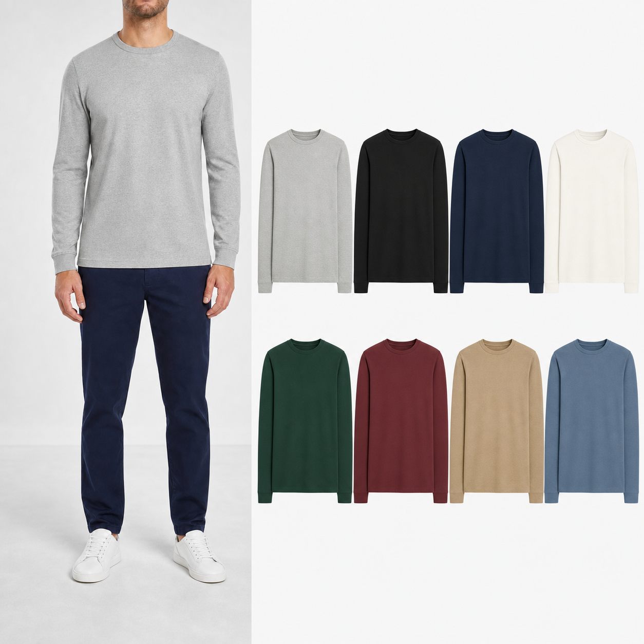 Eight-color men's long-sleeve crew-neck T-shirt set