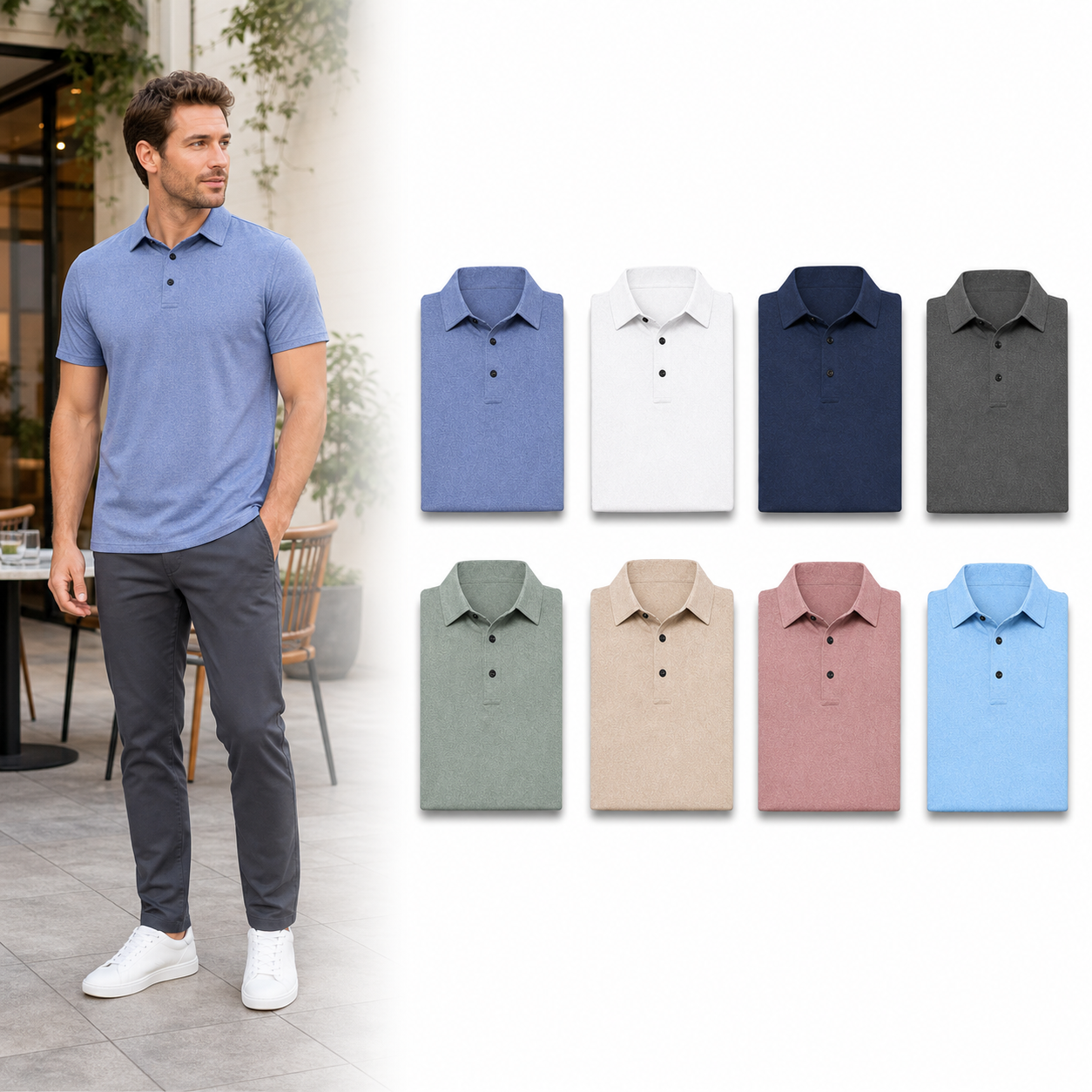 Eight-color men's heather-texture polo set