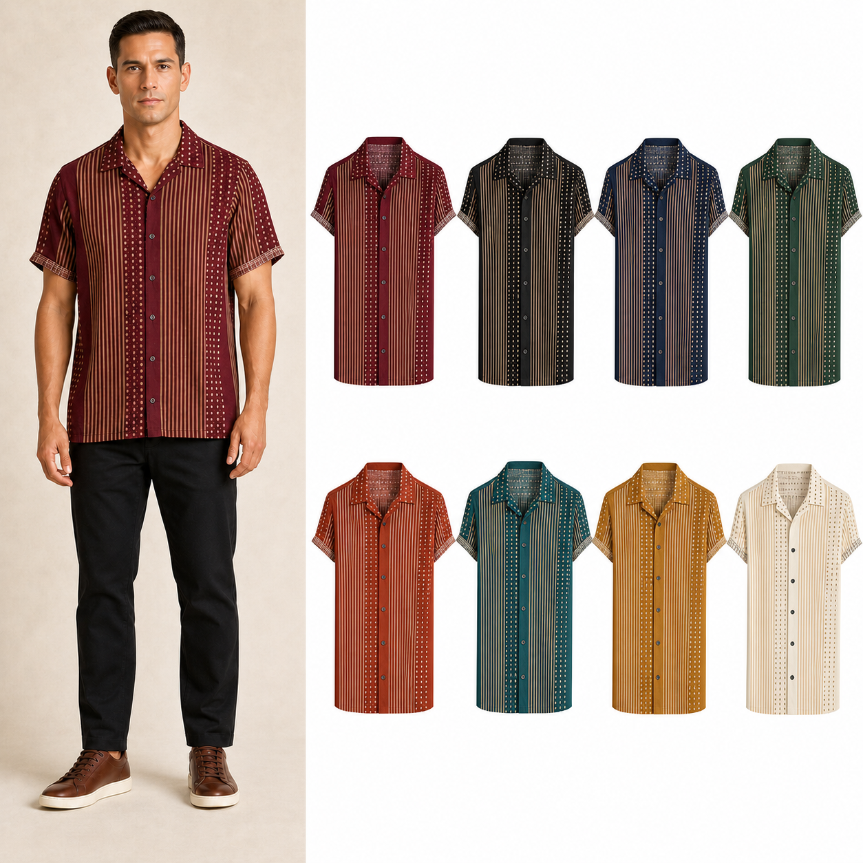 Eight-color men's vertical stripe short-sleeve shirt set