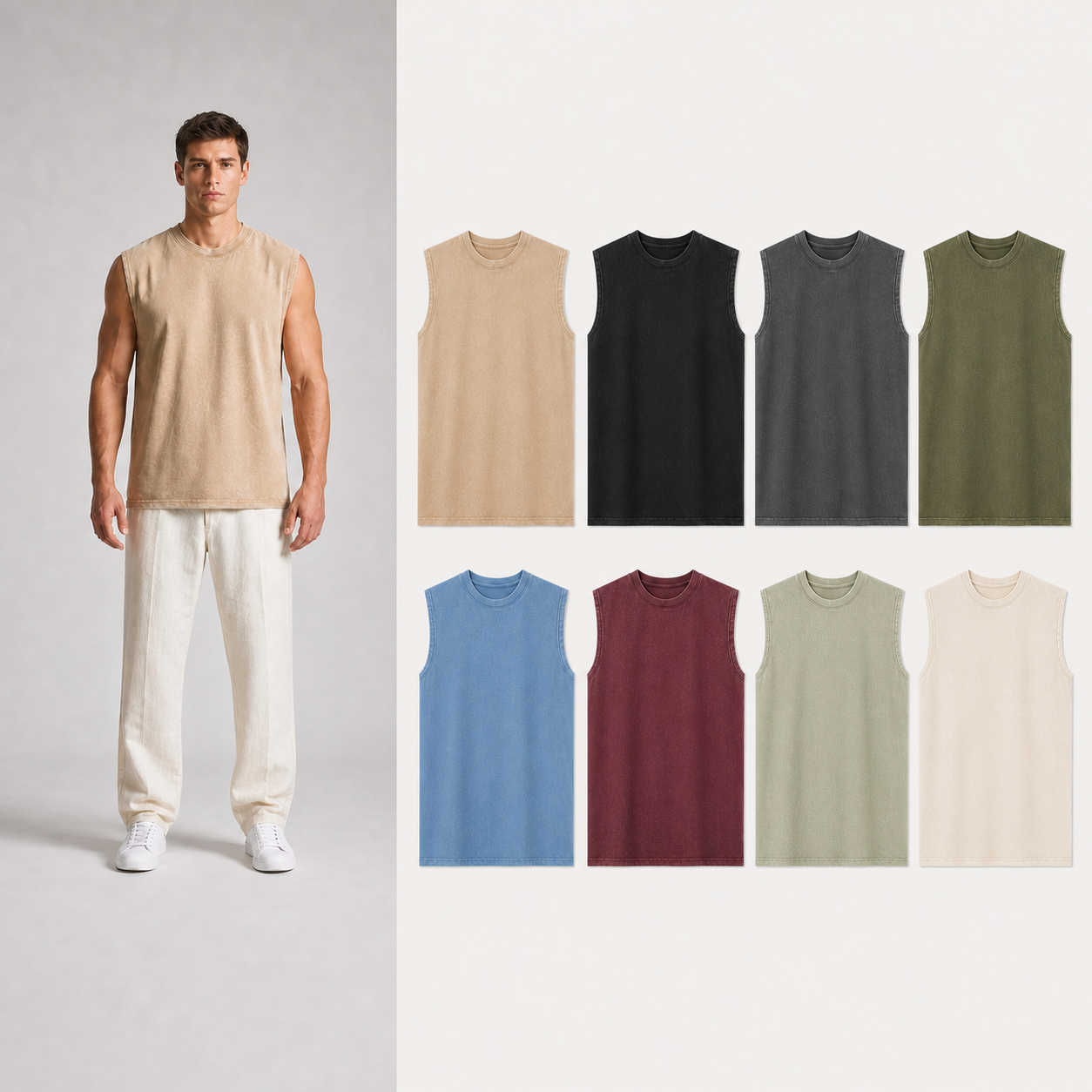 Eight color pack of men's washed sleeveless T-shirts