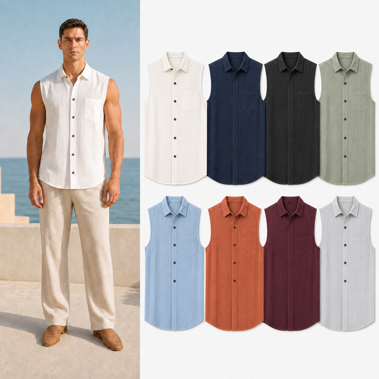 Men's sleeveless linen blend shirt mixed eight pack