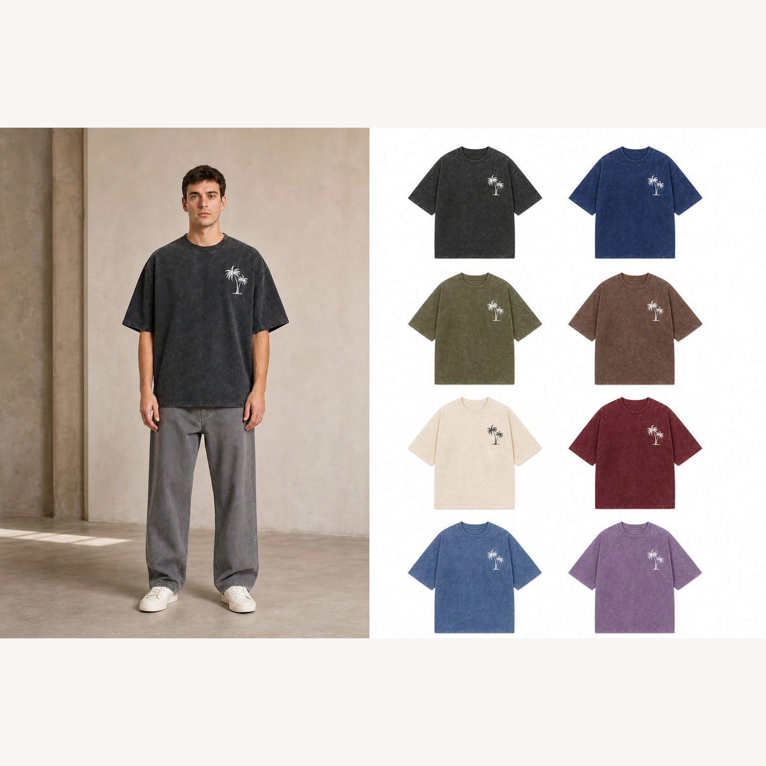 Men's washed palm graphic oversized T-shirt eight-color pack