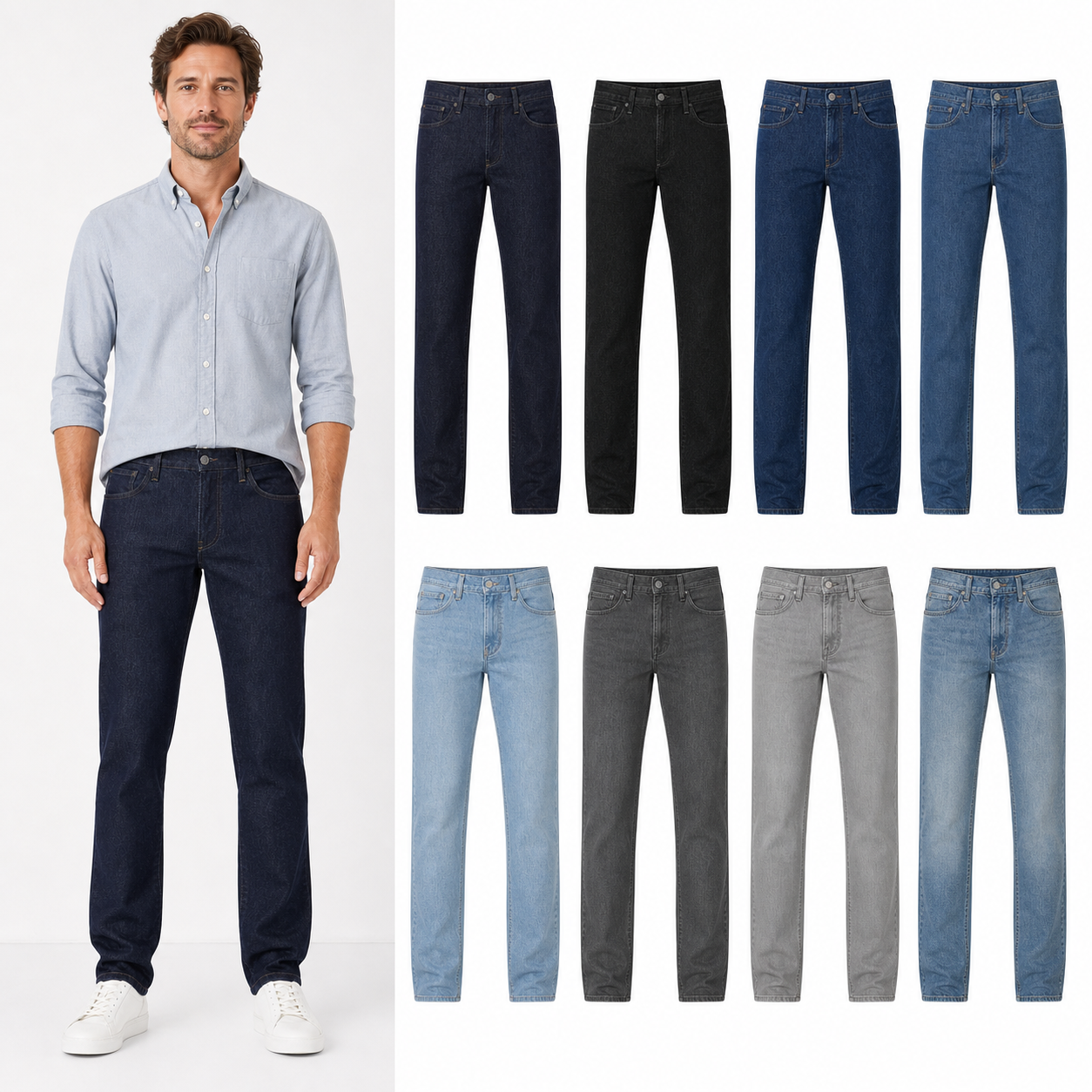 Eight-wash men's regular tapered jeans set