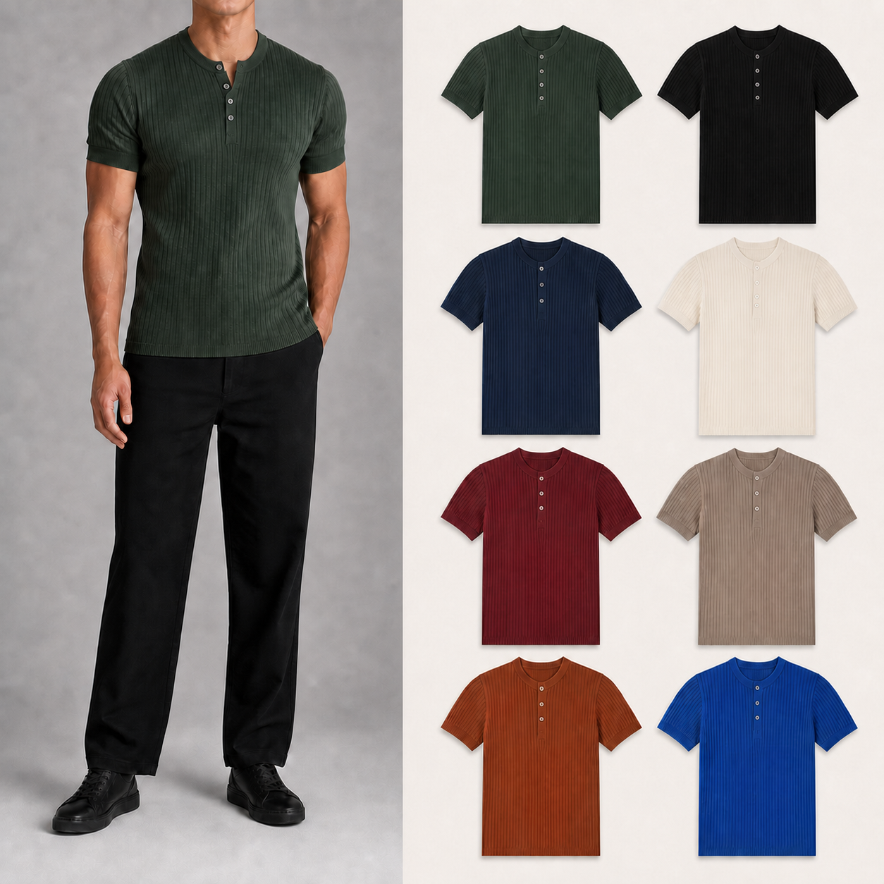 Men's fitted rib-knit four-button Henley mixed eight pack
