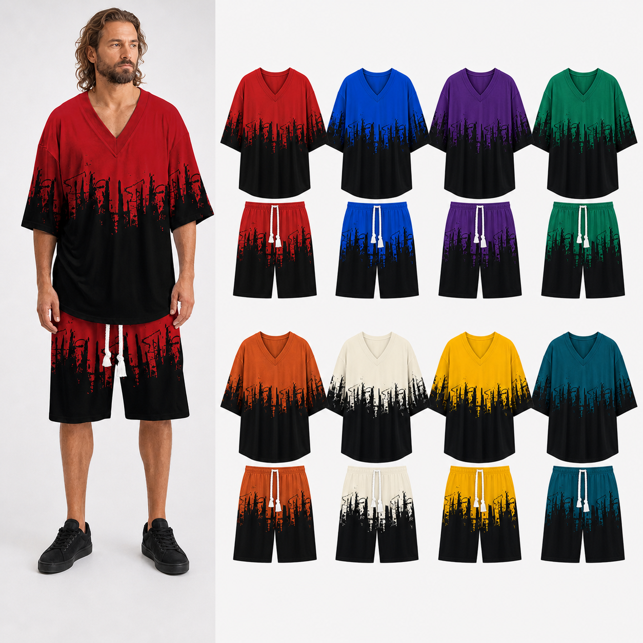Men's city print top and shorts mixed eight pack