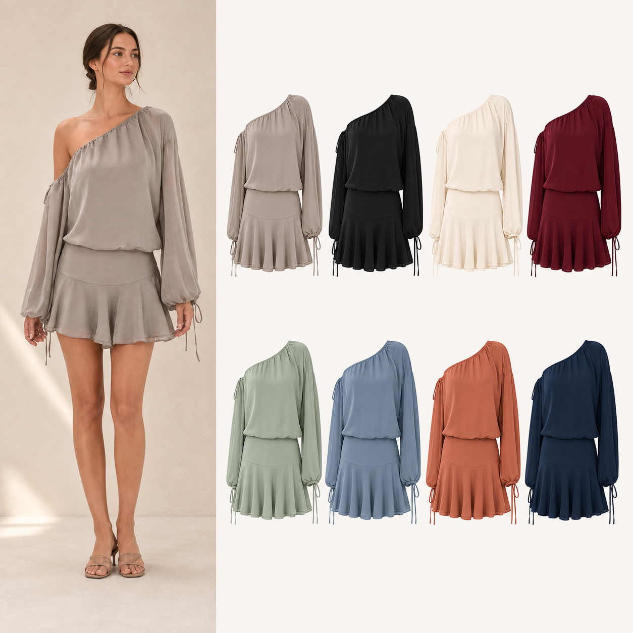 Women's one-shoulder blouson skirt set mixed eight pack