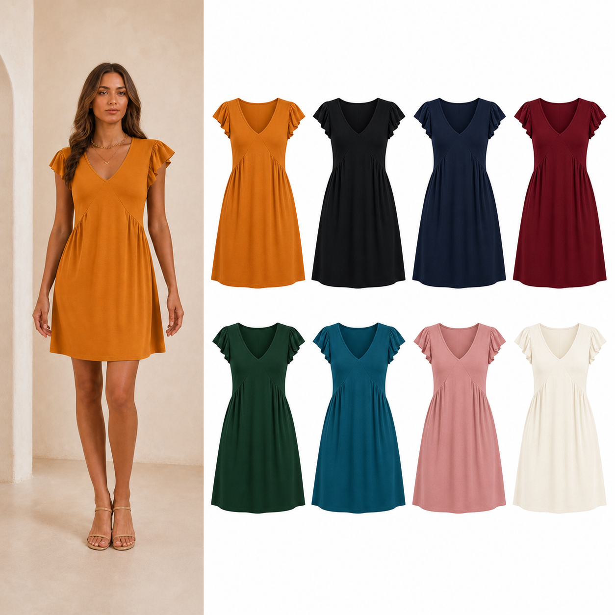 Women's flutter sleeve empire dress mixed eight pack