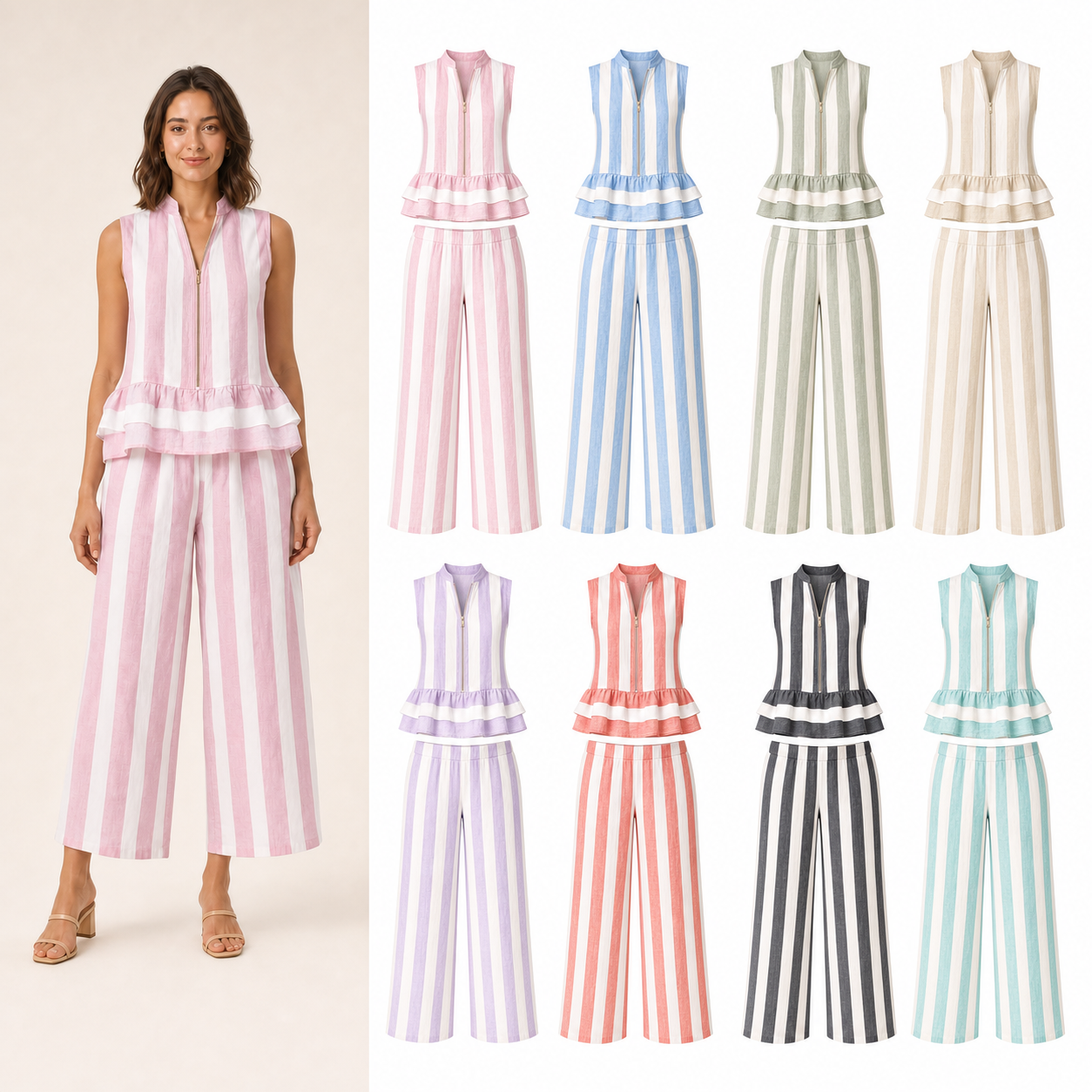 Women's striped zip peplum two-piece set eight-color pack