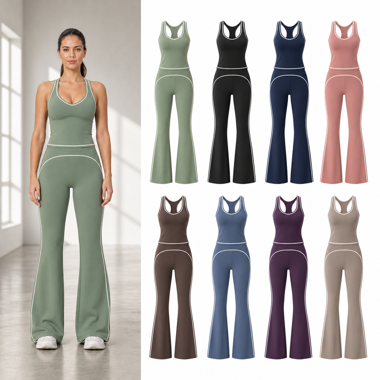 Women's contrast-trim flare active set mixed eight pack