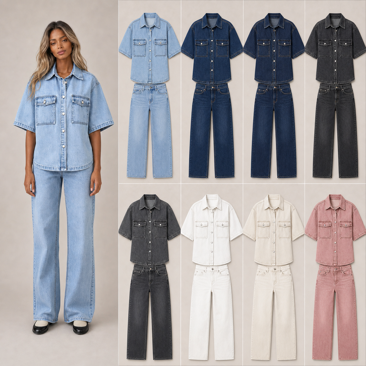 Women's relaxed denim shirt and straight jeans eight-color pack