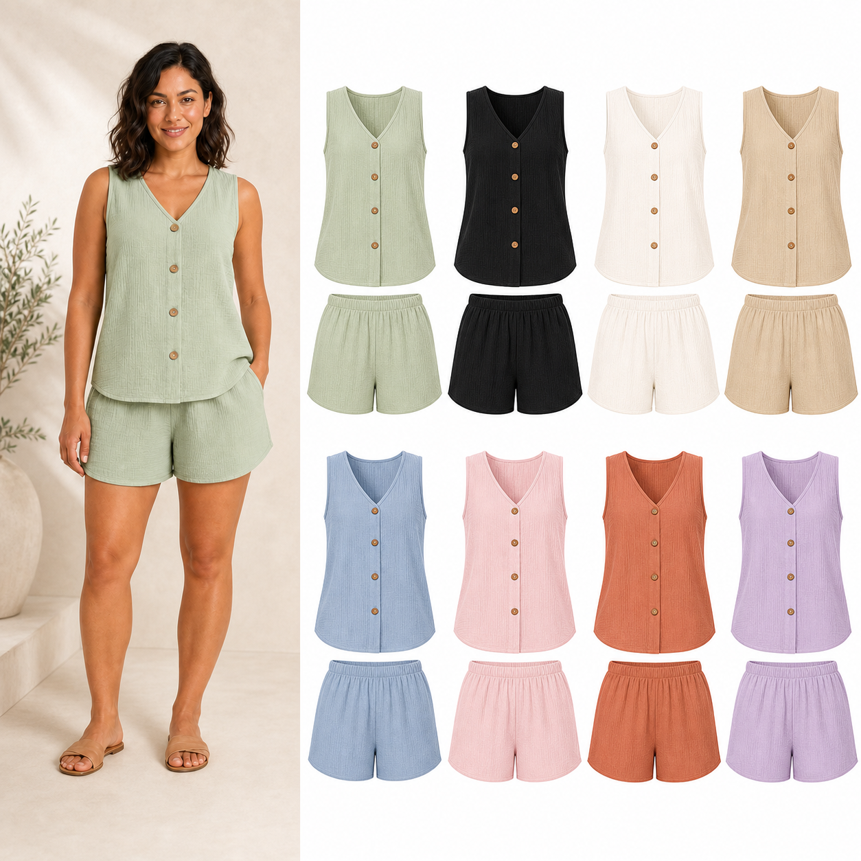 Women's crinkle V-neck top and shorts mixed eight-color pack