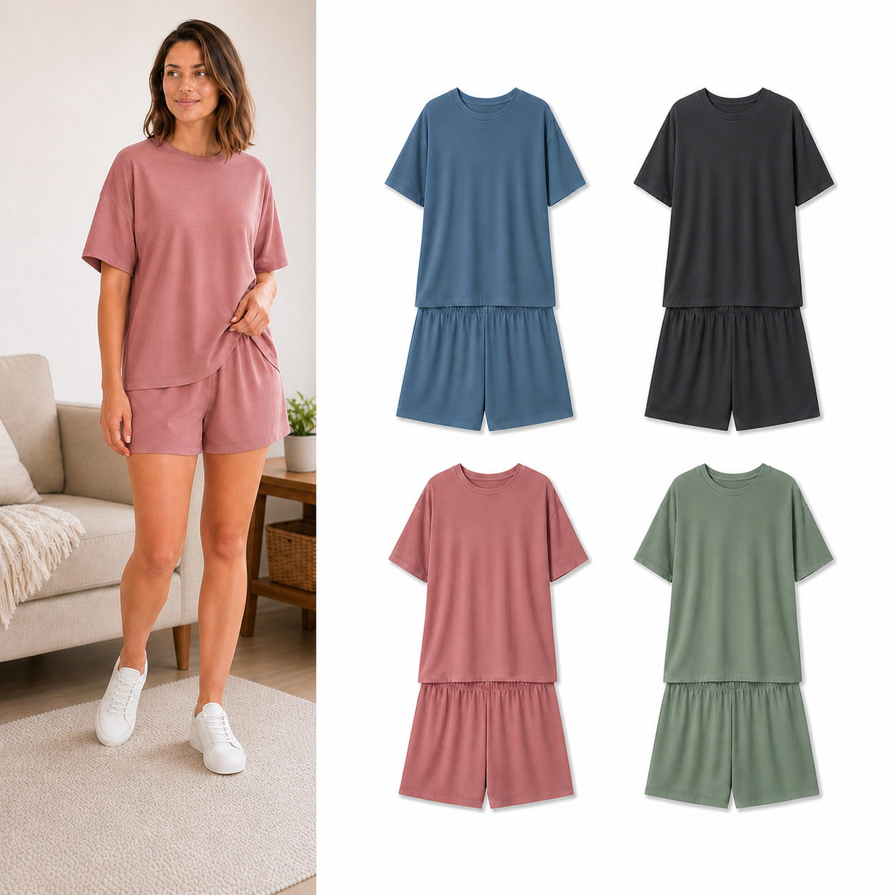 Four-color women's relaxed top and shorts set A